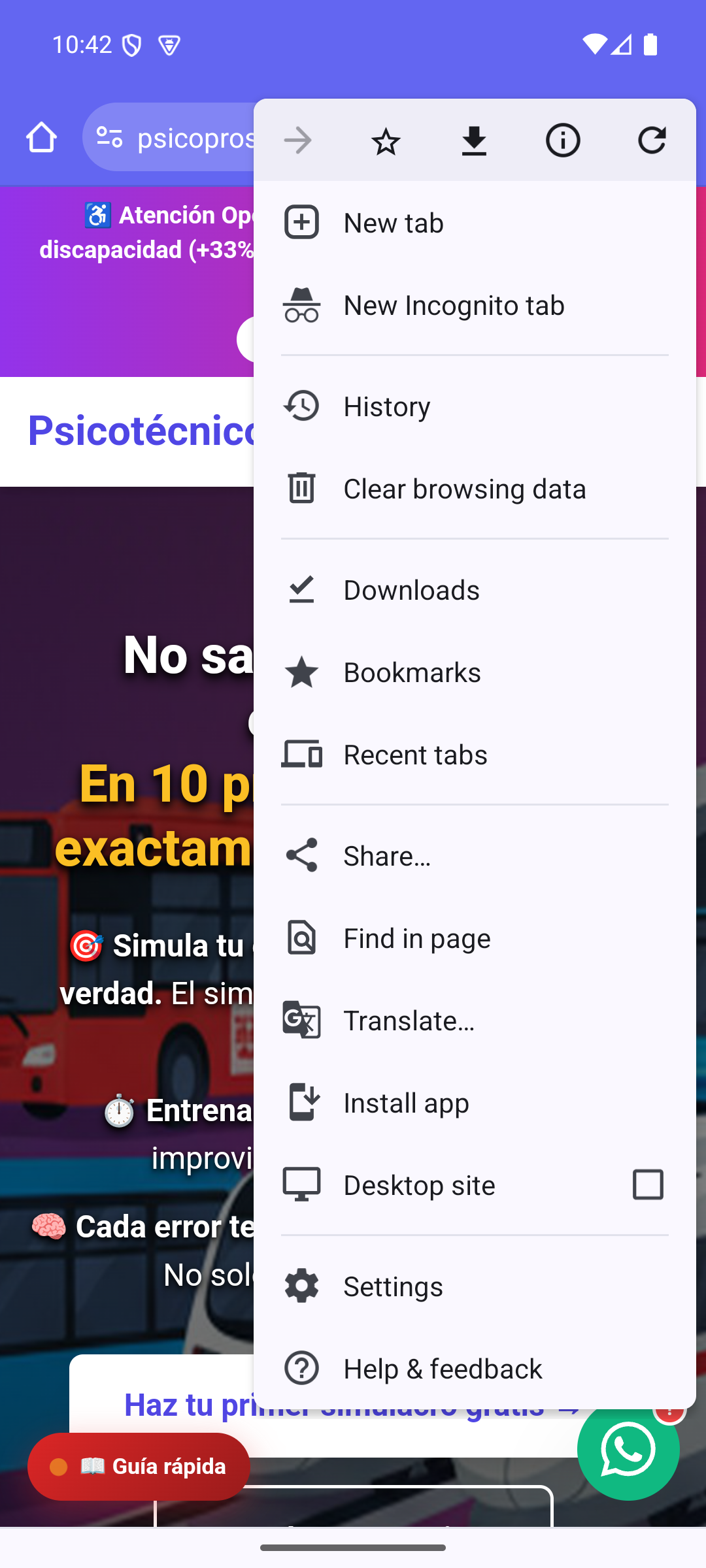 Menú de tres puntos de Chrome Android abierto