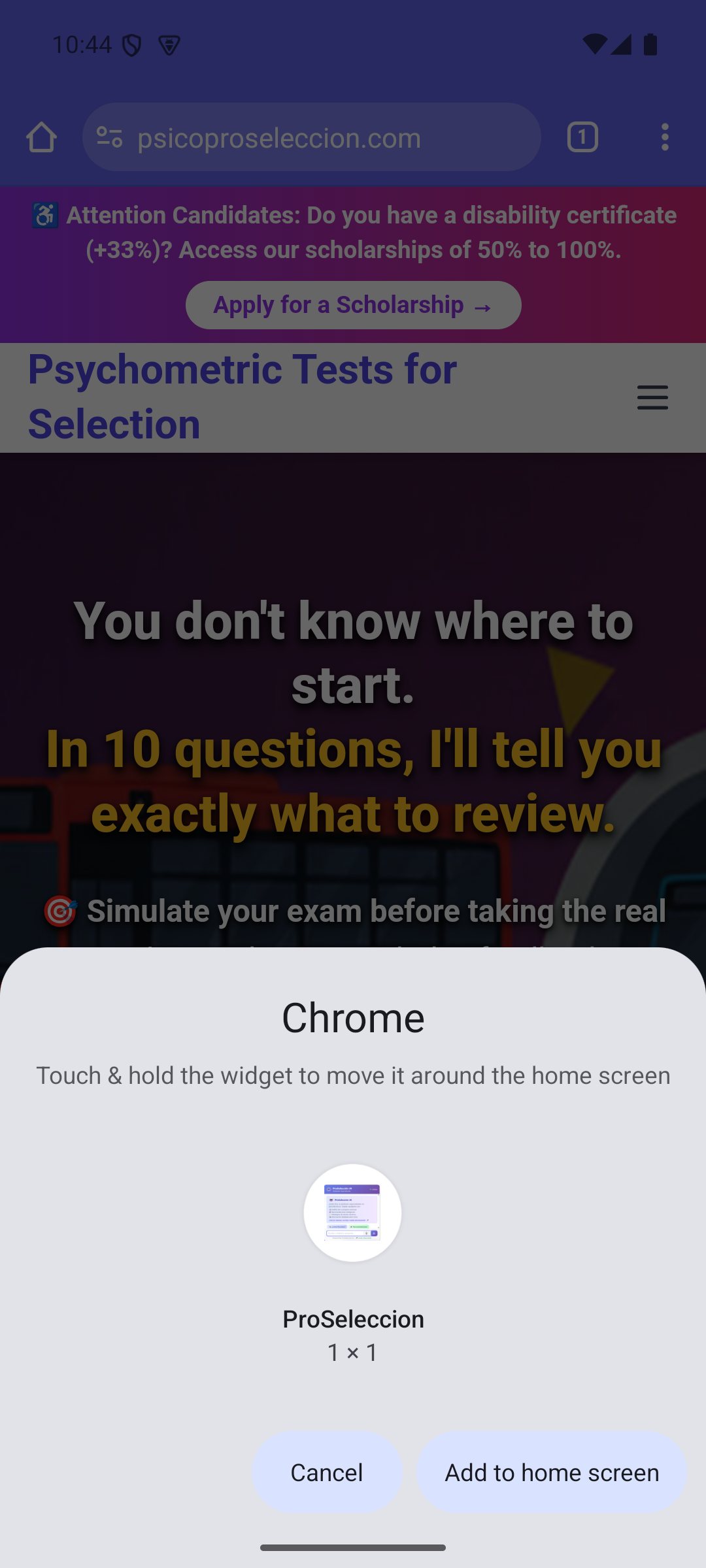 Diálogo Añadir a pantalla de inicio con icono ProSeleccion y botón Add to home screen