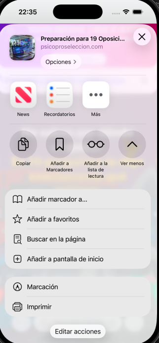 Opción Añadir a pantalla de inicio con icono más en el panel de compartir de Safari