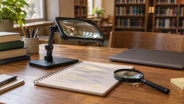 Pupitre de estudio accesible con lupas y apuntes