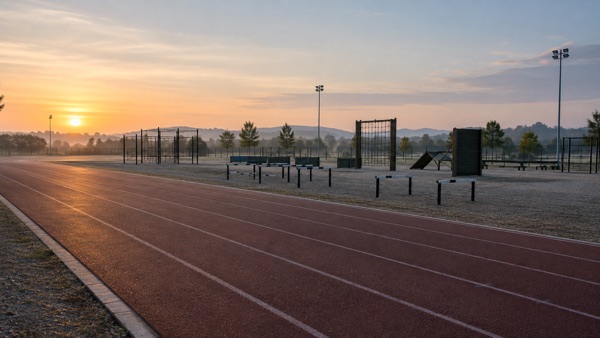 Pista de entrenamiento vista desde lejos al amanecer