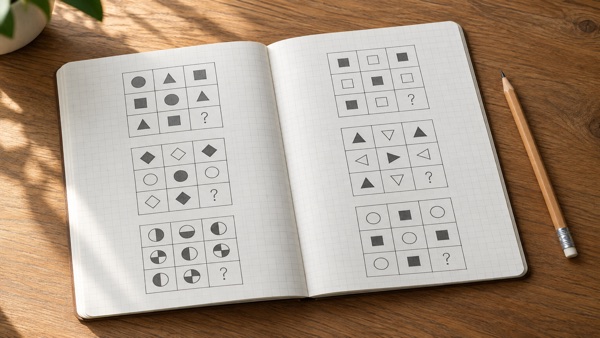 Cuaderno de ejercicios de lógica sobre un escritorio