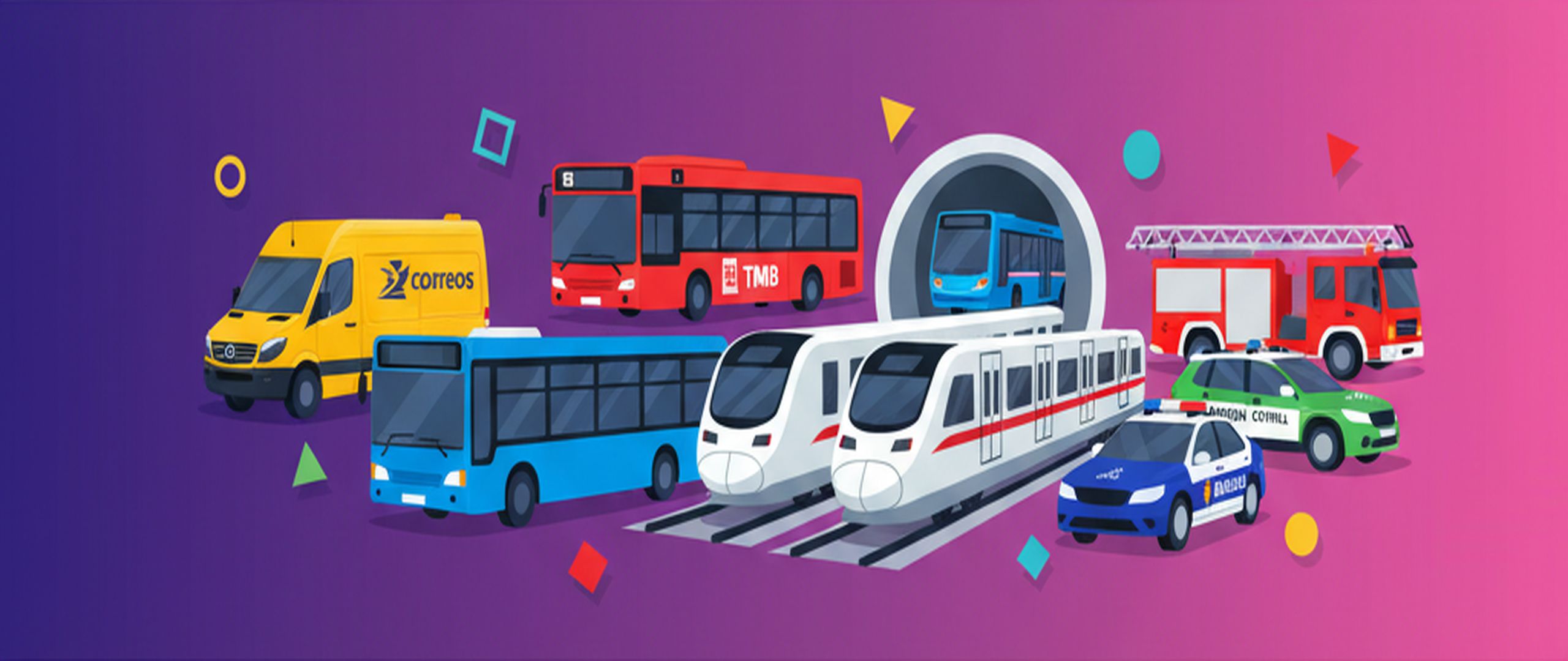 Collage panorámico de todas las oposiciones: TMB Barcelona, Correos, RENFE, ADIF, EMT Madrid, Guardia Civil, Policía Nacional, Bomberos